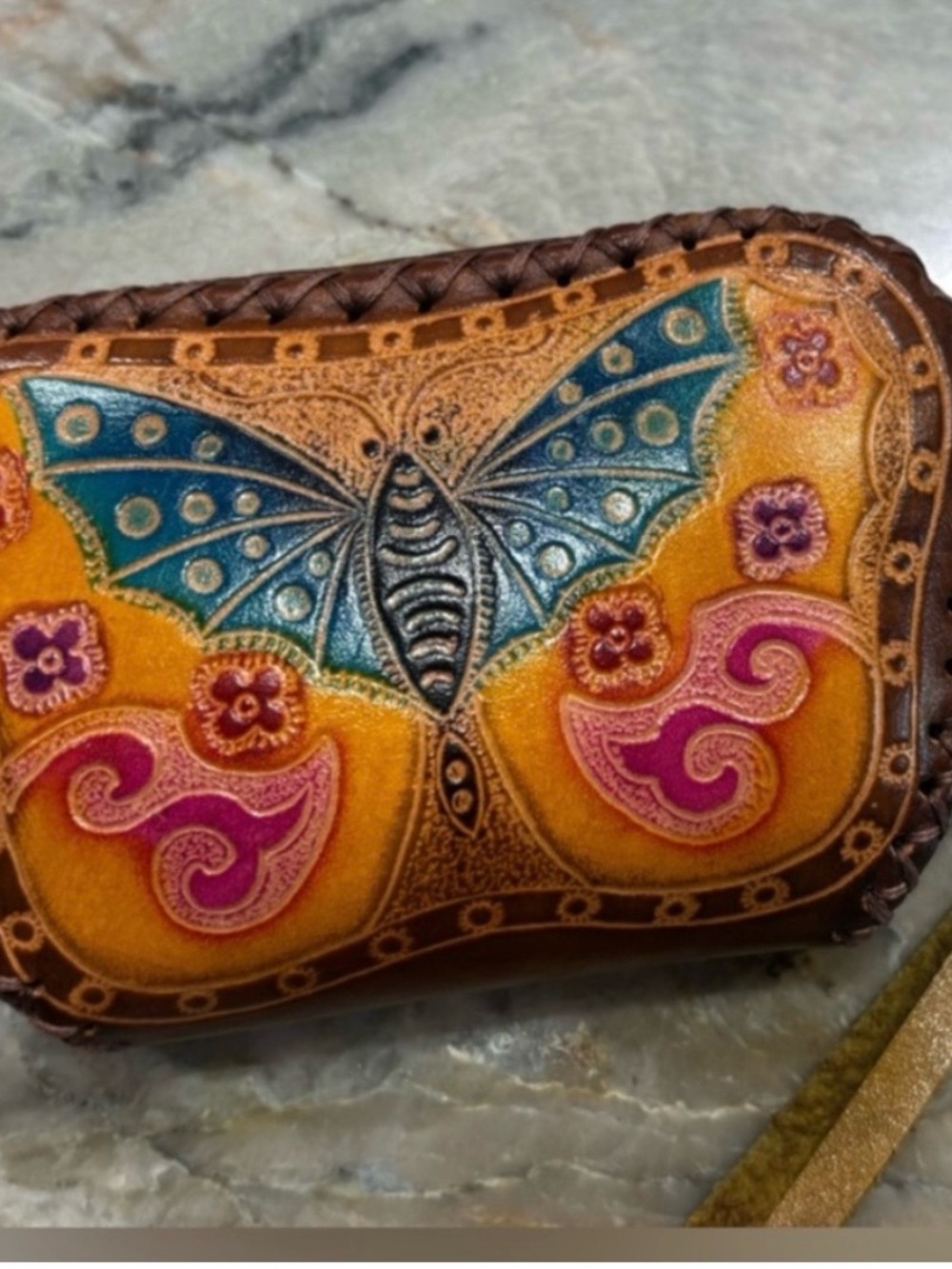 Hand-Tooled Leather Wallet with Blue Butterfly and Pink Accents case wallet
